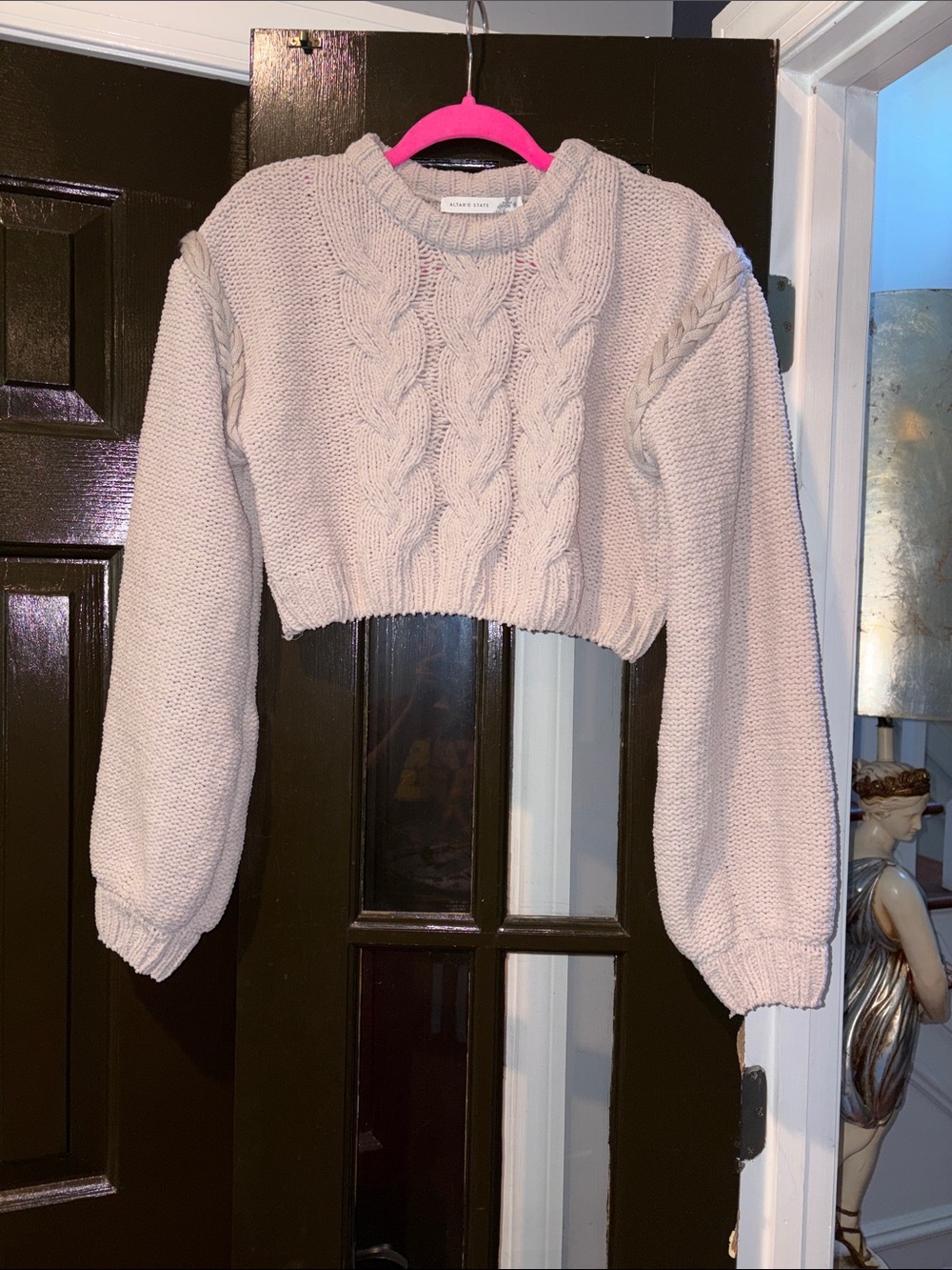 Altar'd State Cropped Cable Knit Crewneck Sweater in Pale Blush